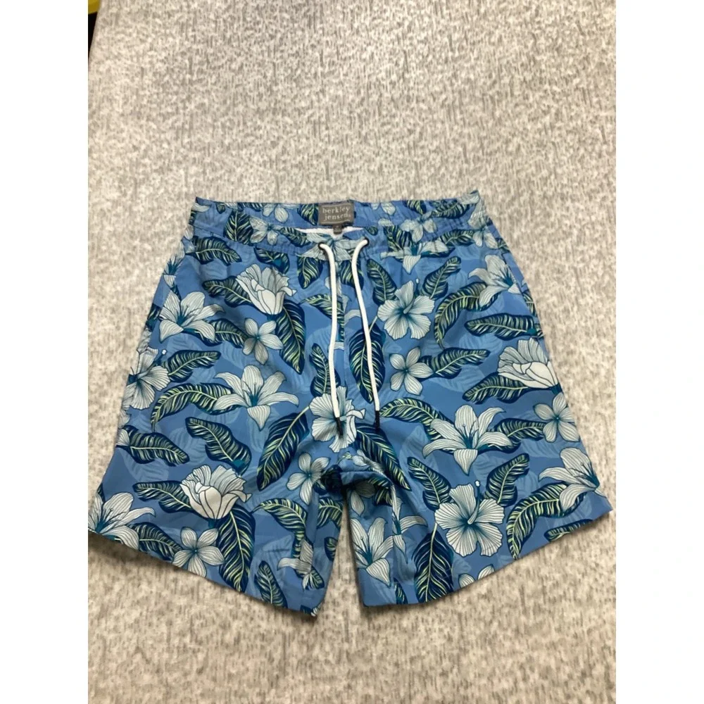 Berkley Jensen‎ Mens Blue Tropical Floral Swim Trunks Mesh Lined Medium nwot